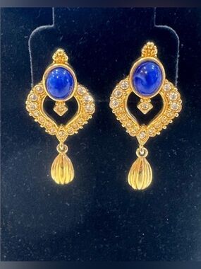 Vintage Avon Gold Tone Faux Lapis & Rhinestone Dangle Earrings – 2”